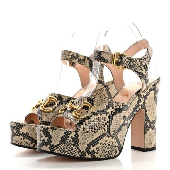 NEW Gucci Beige & Brown Python Horsebit Heeled Sandals Sz 40.5 - Picture 3 of 13